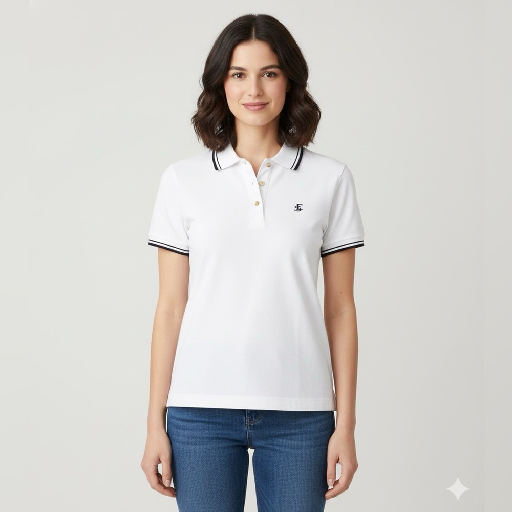 Escada Sport White/Blue Trim Polo, Short Sleeved, Unisex, Chick & Classy, Small